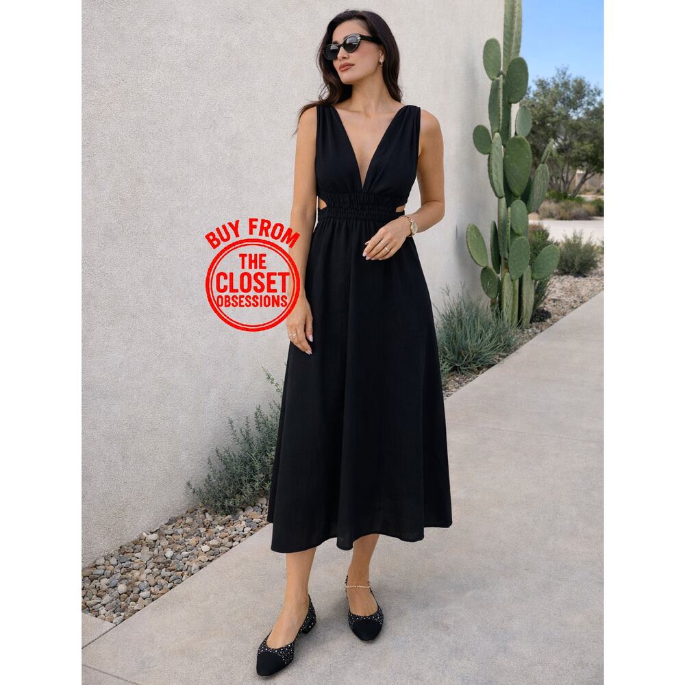 ZARA Black Linen Blend Maxi Dress NWT V Neck Resort Vacation Dress M - Picture 10 of 16